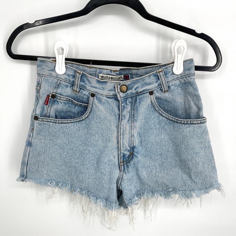 Bugle Boy Jeans 750 VINTAGE Shorts Womens Sz 12R / 26 Blue Faded Cutoff Denim
